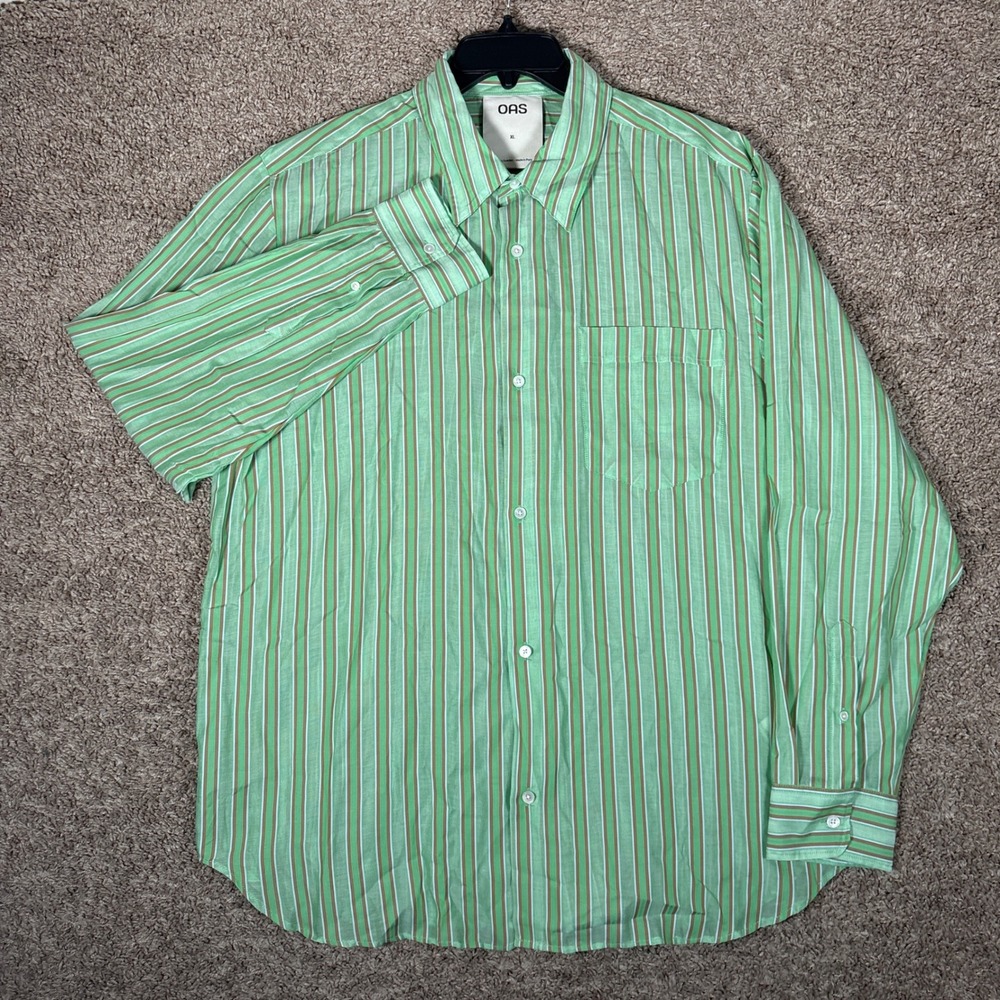 OAS Sunshade Piano Shirt XL Green Striped Cotton Tencel Button Down Portugal - Picture 2 of 9